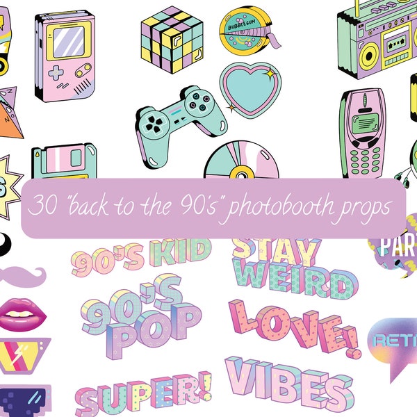 30 "Back to the 90's" photobooth props, Printable photobooth props, Party props, 90's photobooth props, DIY birthday props, selfie DIY