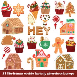 May include: A collection of 23 Christmas-themed cookie and cupcake props, including gingerbread houses, cupcakes with festive toppings, gingerbread men, candy canes, and a snowflake cookie. The text at the bottom reads "23 Christmas cookie factory photobooth props."