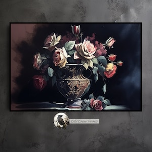 Dark Academia Gothic Rose Vase, Gloomy Victorian Paintings, Vintage Moody, Gothic European, Printable Gallery Wall Art, Dark Art Print