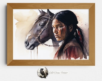Donna Lakota con cavallo seconda stampa, pittura ad acquerello, Lakota Wall Art, pittura stampabile, stampa di pittura occidentale, indigena, Sioux