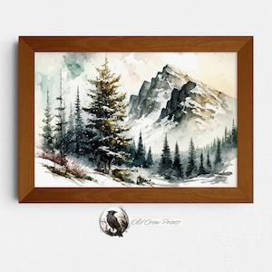 Winter Mountainside, Watercolor Painting, Nursery decor mountain, nursery wall art, tree nursery decor, adventure theme nursery, forest art