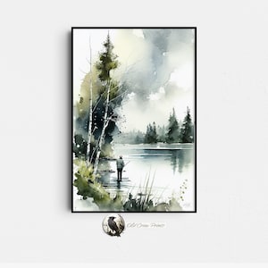 Lake Fisherman, Fishing Art Prints, Fish Watercolors, Gifts for Men, Angling Fish Decor, Kitchen Wall Art, Man Cave Decor, Sport Fishing Art