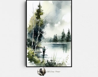 Lake Fisherman, Fishing Art Prints, Fish Watercolors, Gifts for Men, Angling Fish Decor, Kitchen Wall Art, Man Cave Decor, Sport Fishing Art
