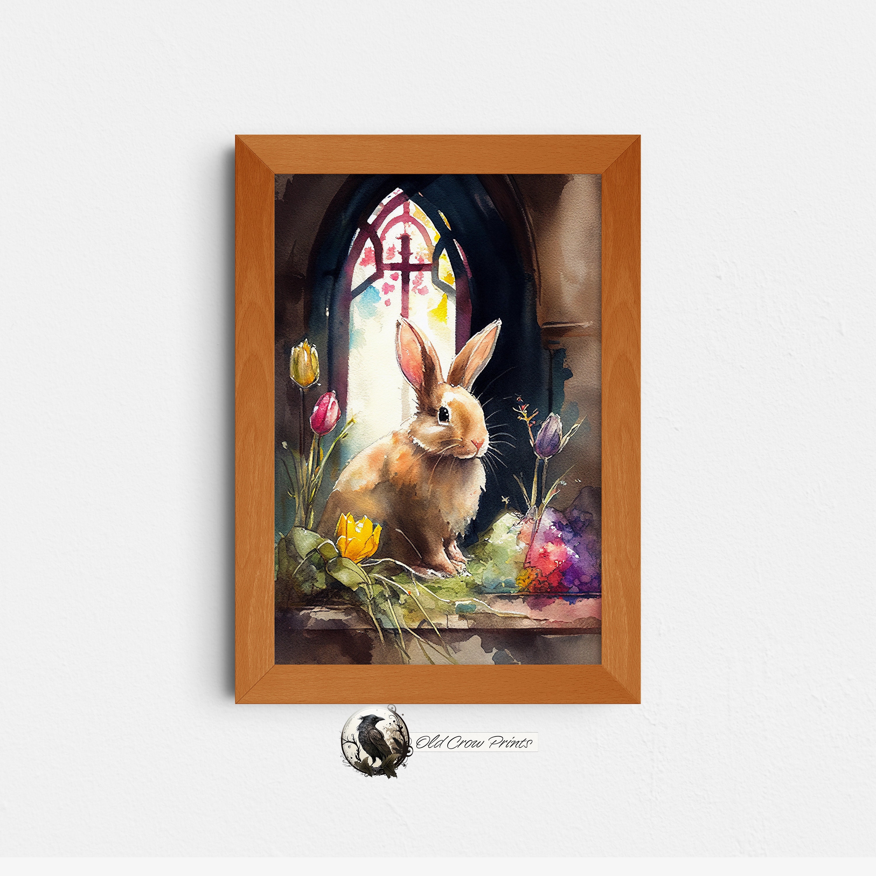 Easter Bunny With Flowers, Watercolor Painting, Digital Print