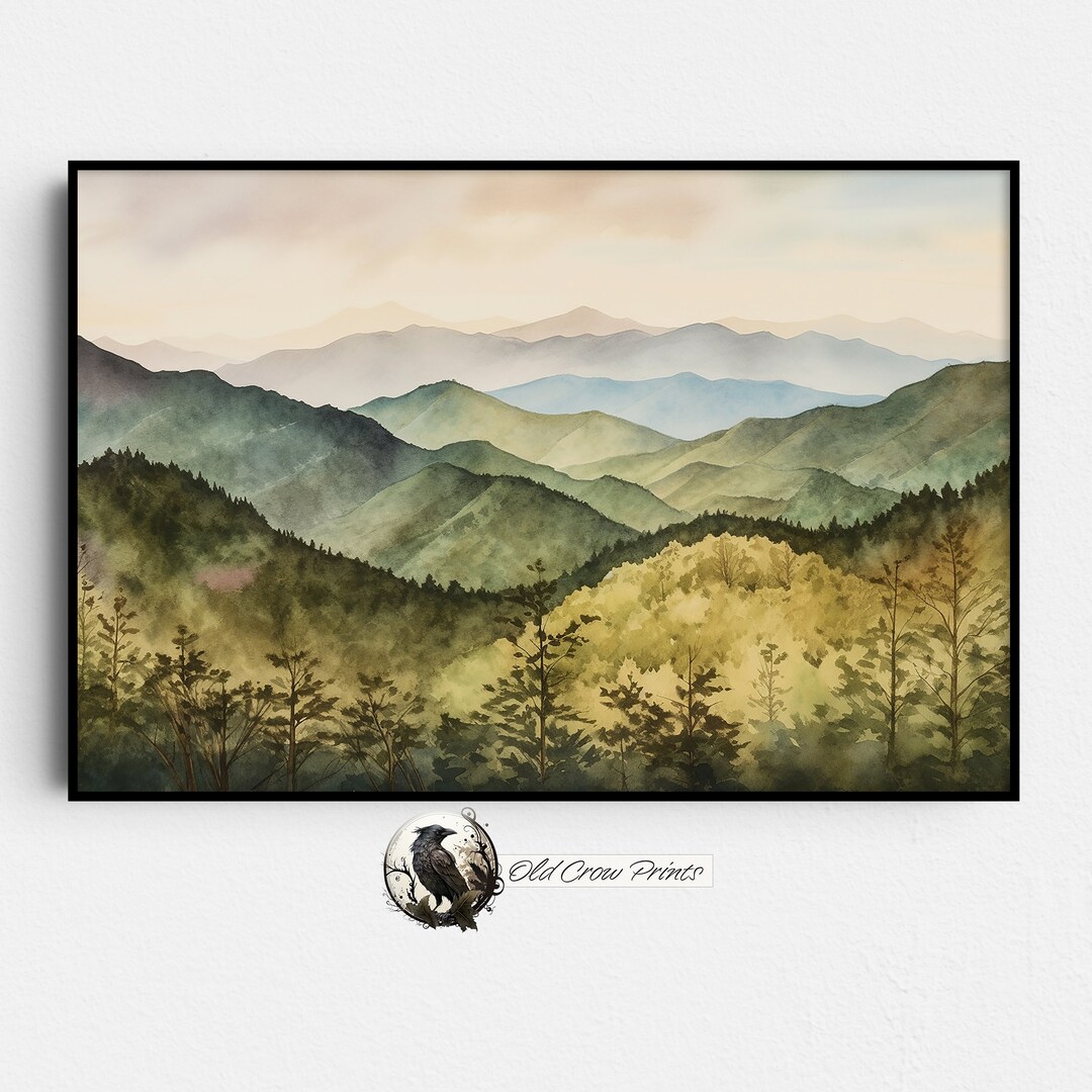 Mountain Range Forest, Mountain Wall Art, Nature Wall Print, Watercolor