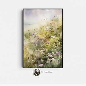 Muted Wildflower Portrait -2, Spring Meadow, Watercolor, Digital Print, Flower Painting, Vintage Landscape Print, Country Field, Gallery Art