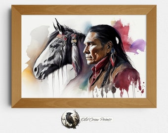Lakota uomo con cavallo seconda stampa, pittura ad acquerello, Lakota Wall Art, pittura stampabile, Western, stampa pittura indigena, Sioux