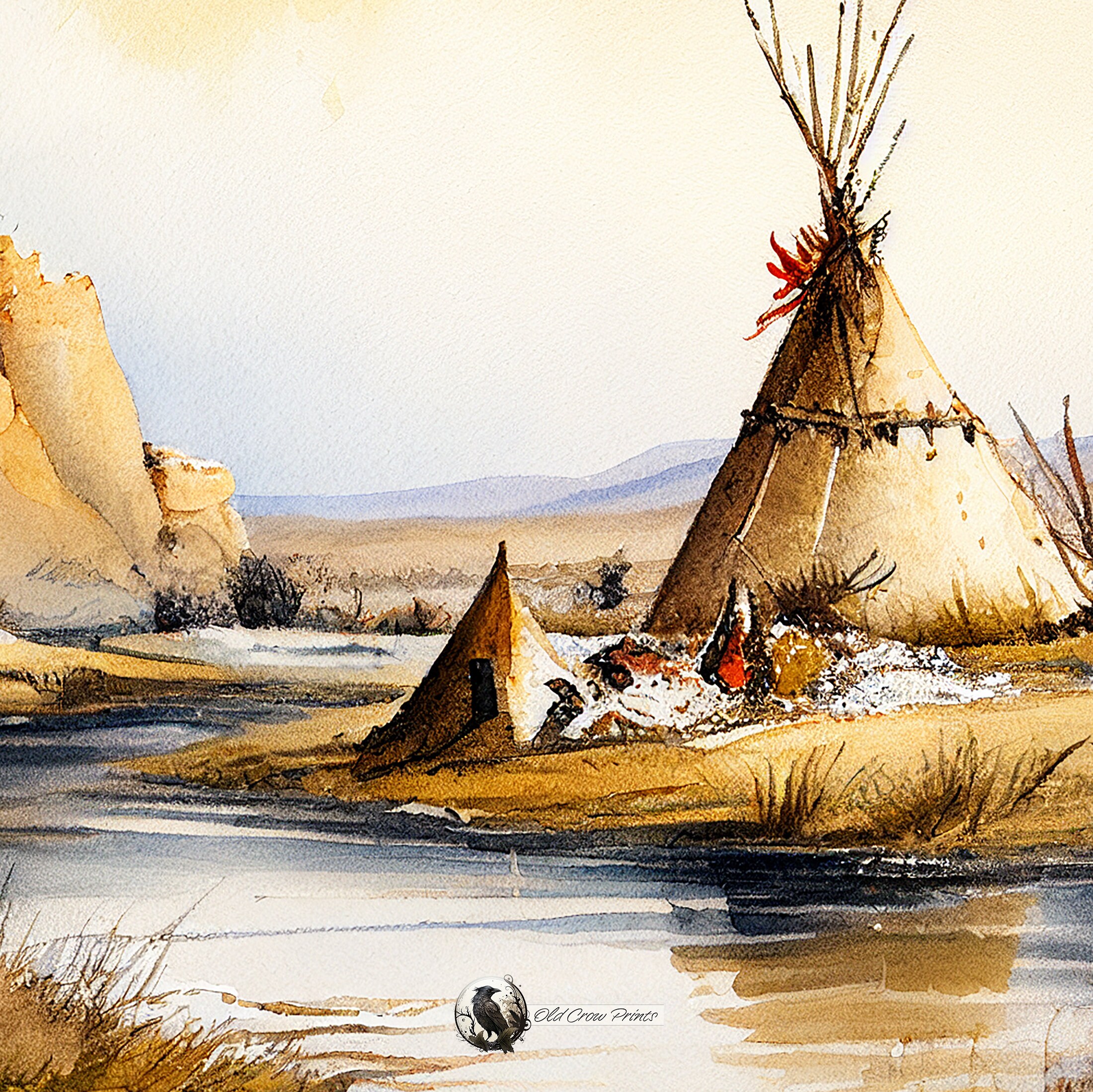 Tipi Near The Water Watercolor Painting Digital Print Lakota Wall 