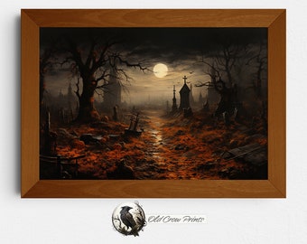 Halloween Full Moon Graveyard Painting, Halloween Home Decor, Pumpkin Spice, Jack-O-Lantern, Spooky Cemetary Art, Witchy Pumpkin Home Decor