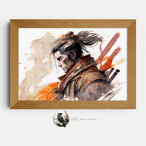 Sekiro Shinobi Watercolor Painting, Gaming Poster Art, Film and Video Game Wall Art, Dark Souls Gamer Room Decor, From Software Gaming Gifts