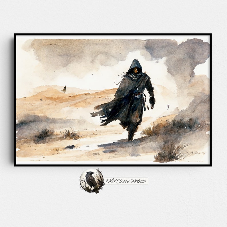 Puede incluir: Una pintura de acuarela de una persona con una capa oscura con capucha caminando por un paisaje des&eacute;rtico. El cielo est&aacute; nublado y la pintura da una sensaci&oacute;n de movimiento.