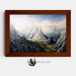 May include: A framed landscape print depicts a white castle nestled in a valley surrounded by towering mountains. The artwork features a detailed painting style with a brown wooden frame. The sky transitions from blue to a golden hue, enhancing the fantasy theme.