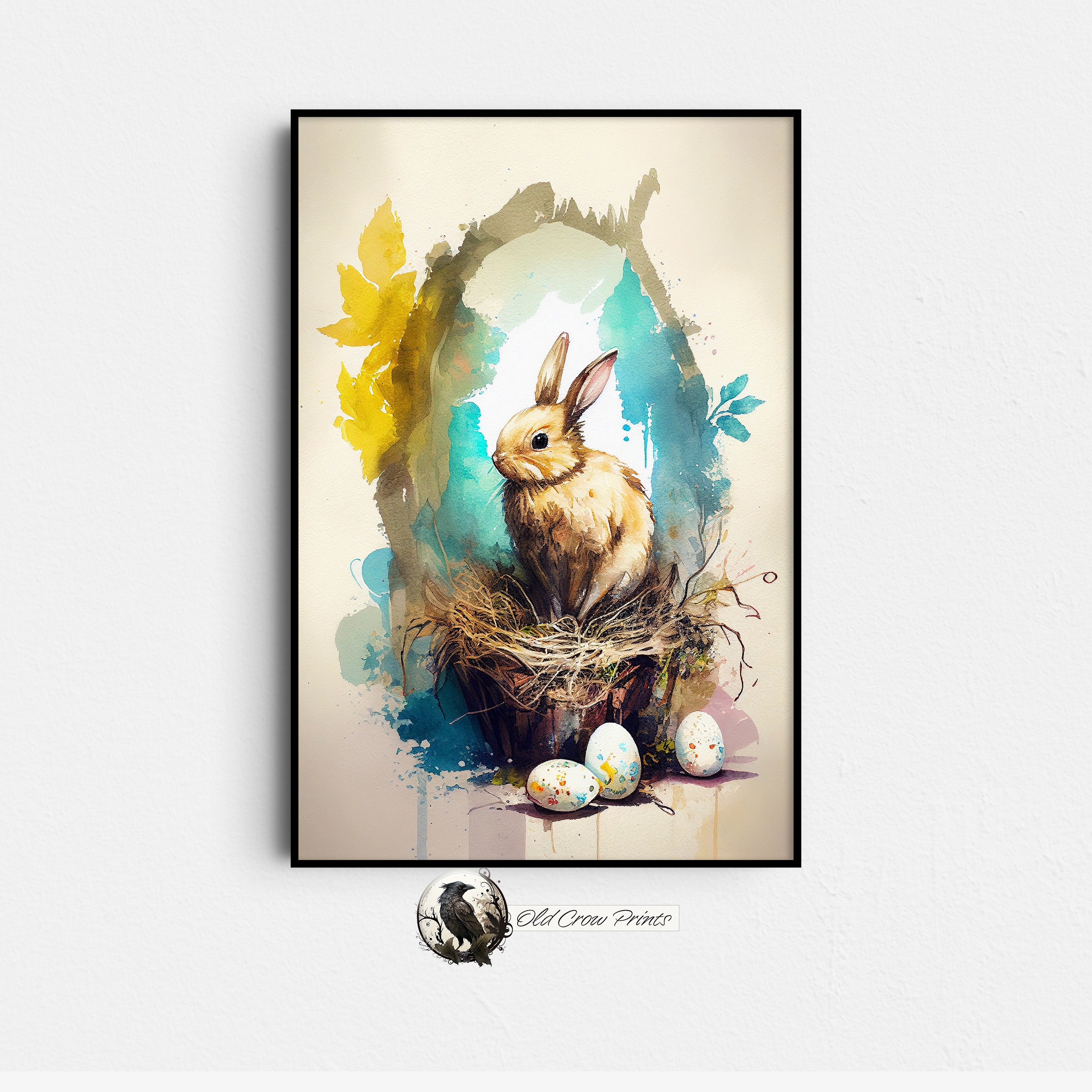 Easter Bunny in Basket, Watercolor Painting, Digital Print