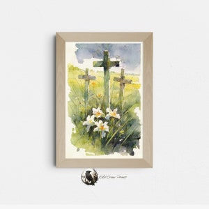 Lily Crosses, Easter Watercolor Painting, Digital Print, Farmhouse Wall Art, Easter Wall Art, Spring Home Decor, Springtime Wall Art, Christ