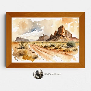 Western Landschaft, Aquarell Malerei, Wüstenwandkunst, Landschaftsblick, Moderne Arizona, Neutrales Wohndekor, Palm Springs, Southwestern