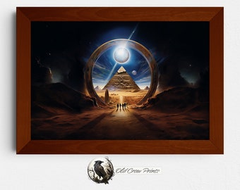 Stargate acuarela pintura impresión digital, decoración del hogar de ciencia ficción, arte de la pared de ciencia ficción, fantasía egipcia, arte del cartel de la película de culto, portal del iris