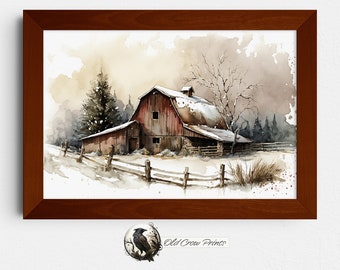 Schuur in de winter, aquarel schilderen, digitale print, westerse kunstwerken, midwest winter, landschap schilderen, boerderij kunst aan de muur, afdrukbare kunst