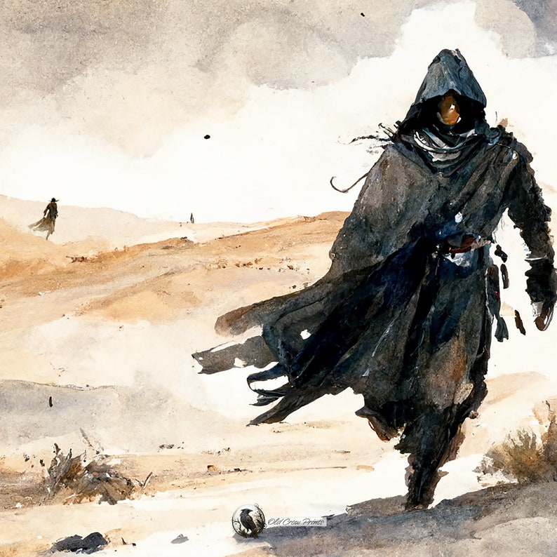Puede incluir: Una figura solitaria con una capa negra con capucha camina por un paisaje des&eacute;rtico. La figura se aleja del espectador, y la capa ondea con el viento. El desierto es de un color marr&oacute;n apagado, y el cielo es de un azul p&aacute;lido.
