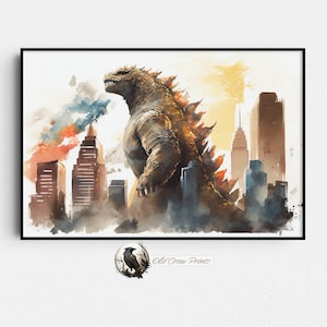 Godzilla Stadtbild Aquarell, Godzilla Geschenke für Ihn, Monsterfilm, Vintage Sci-Fi, Kultfilm Poster Klassiker, Art Sci-Fi, Fantasy Film