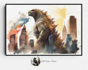 Godzilla Cityscape Acuarela, Regalos de Godzilla para él, Película de monstruos, Ciencia ficción vintage, Cartel de película de culto clásico, Ciencia ficción artística, Película de fantasía