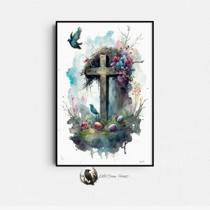 Spring Cross, Easter Watercolor Painting, Digital Print, Farmhouse Wall Art, Easter Wall Art, Spring Home Decor, Springtime Wall Art, Christ
