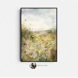 Muted Wildflower Portrait, Spring Meadow, Watercolor, Digital Print, Flower Painting, Vintage Landscape Print, Country Field, Gallery Art