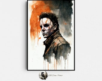 Halloween Michael Myers Aquarelle, Haddonfield, John Carpenter Wall Art, Cult Classic Horror Movie Poster, Halloween Home Decor and Artwork
