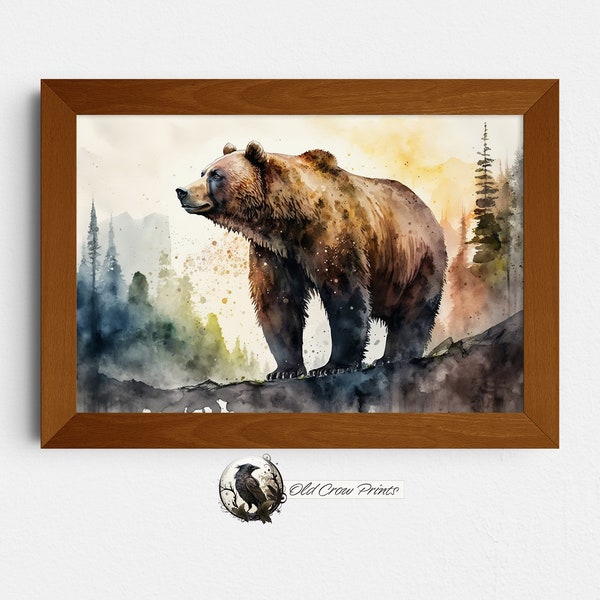 Gazing Bear, Watercolor Painting, Digital Print, Western Watercolor Artwork, Wildlife Painting Print, Cabin Home Decor, Hunting Wall Art