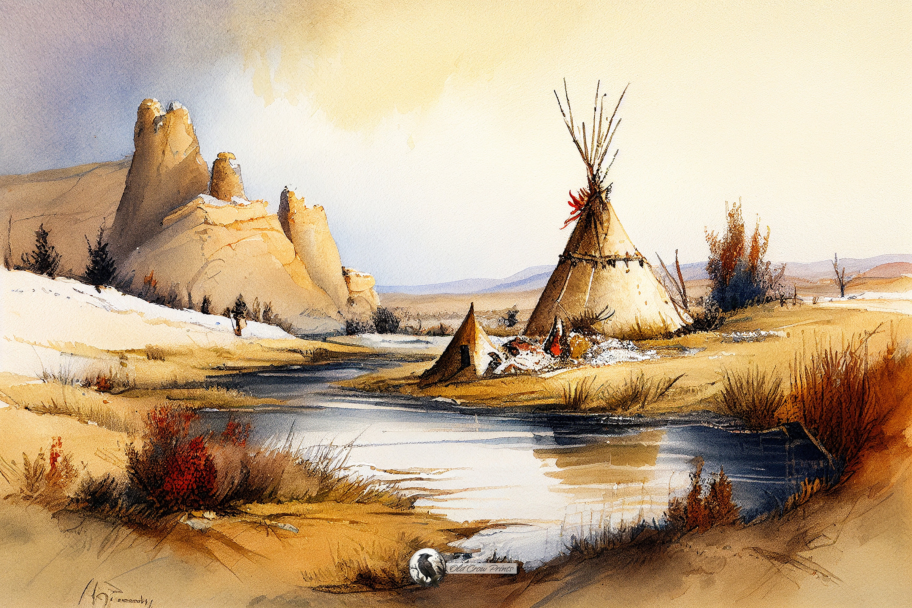 tipi-near-the-water-watercolor-painting-digital-print-lakota-wall