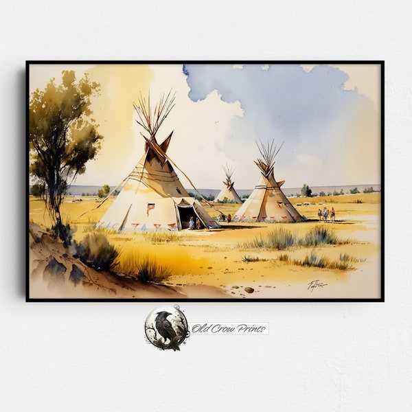 Lakota Morning, Watercolor Painting, Digital Print, Lakota Wall Art, Printable Painting, Western landscape Art, Indigenous Painting Print