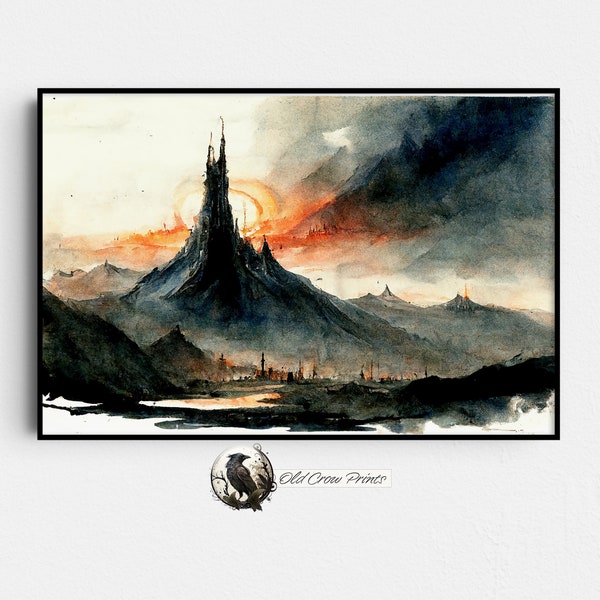 Lord of the Rings Mordor Watercolor Painting, Fantasy Art, JRR Tolkien, Fantasy Painting, "In a Hole in the Ground", Hobbit Wall Art, Shire