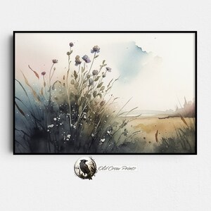 Muted Wildflower Spring Meadow, Watercolor Painting, Digital Print, Flower Painting, Vintage Landscape Print, Country Field, Gallery Art