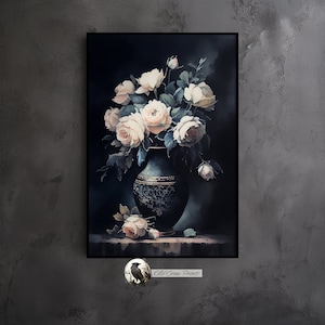 Vintage Antique Gothic Vase of Roses, Gloomy Victorian Paintings, Moody, Gothic European Art, Printable Gallery Wall Art, Dark Oddity Prints