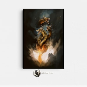 Godzilla King Ghidorah Monster Aquarell, Geschenke für Ihn, Monsterfilm, Vintage Sci-Fi, Kultfilmplakat Klassiker, Kunst Sci-Fi, Fantasyfilm