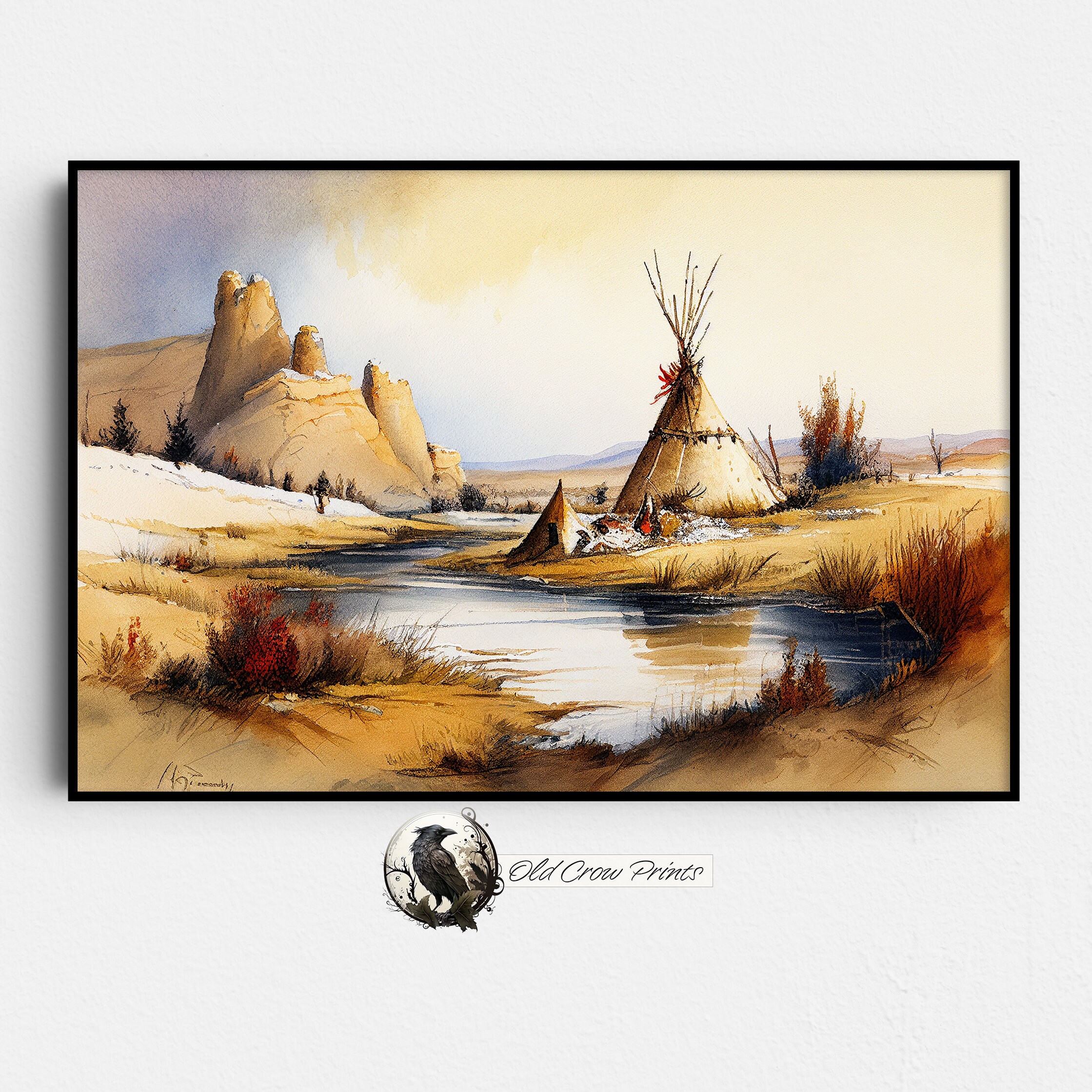 Tipi Near The Water Watercolor Painting Digital Print Lakota Wall 