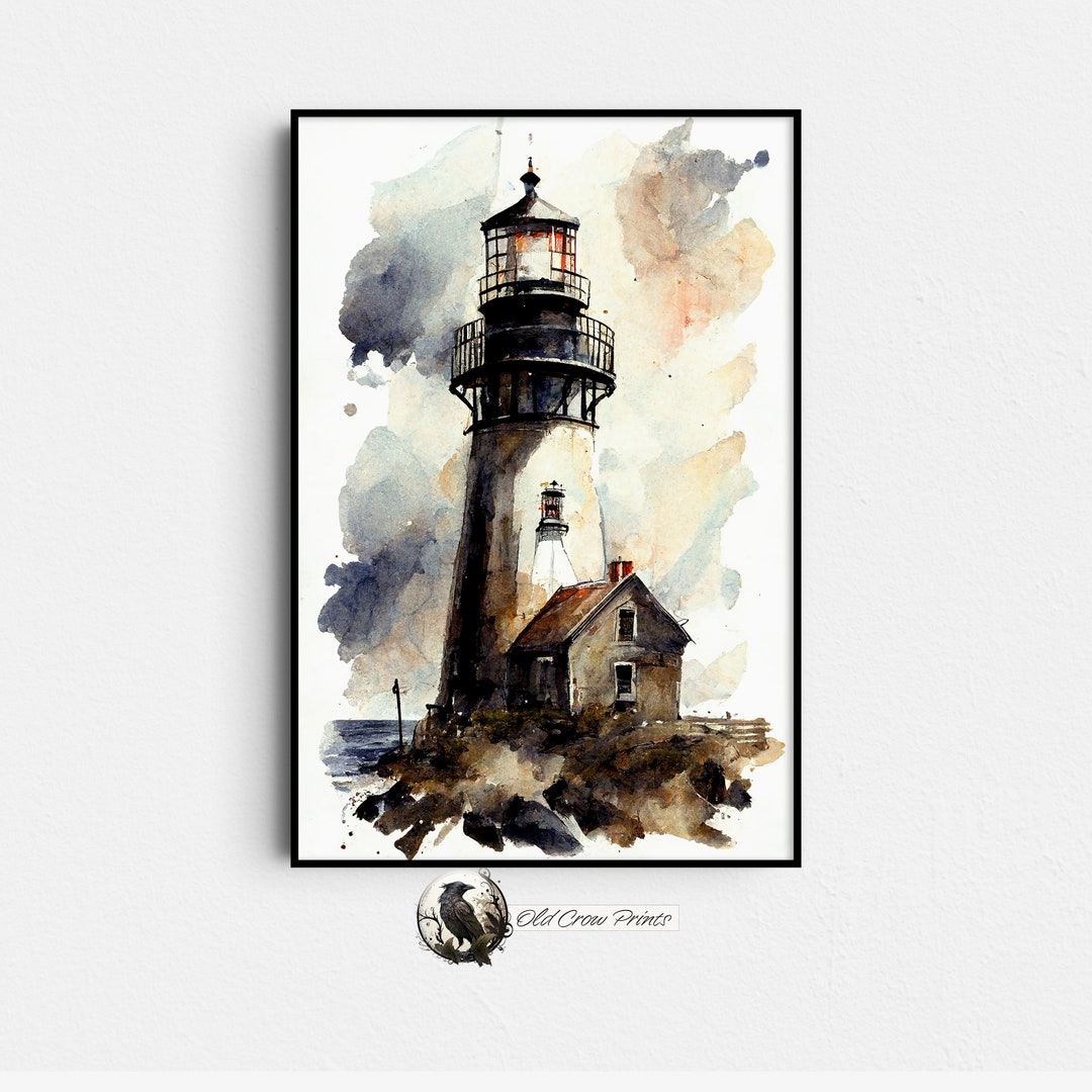 Coastal Lighthouse, Watercolor Painting, Digital Print, Landscape ...