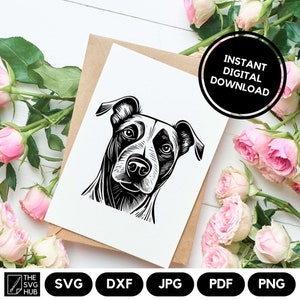 May include: Black and white line art illustration of a dog's head. The dog has a short, smooth coat and a serious expression. The image is on a white background.