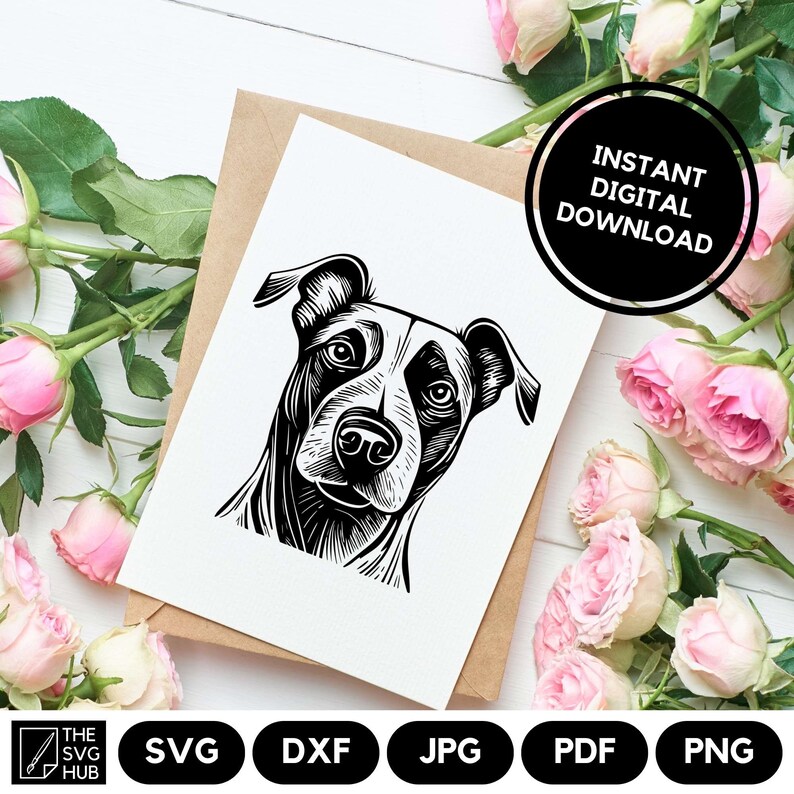 May include: Black and white line art illustration of a dog's head. The dog has a short, smooth coat and a serious expression. The image is on a white background.