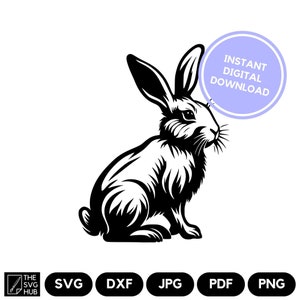 Puede incluir: Ilustración en blanco y negro de un conejo sentado con las orejas levantadas. La imagen tiene un fondo blanco y el texto "INSTANT DIGITAL DOWNLOAD" en un círculo morado.