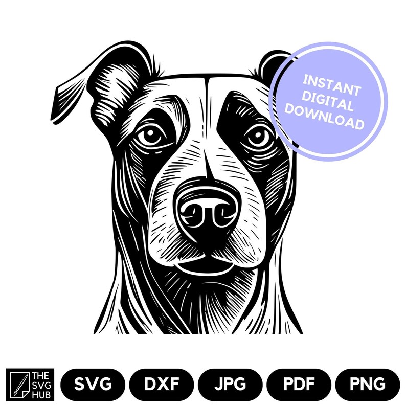 May include: Black and white line art illustration of a dog's head. The dog has a short, pointed snout and large, round ears. The illustration is in a woodcut style.