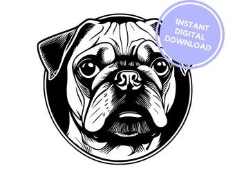 Könnte beinhalten: Schwarzweiß-Illustration eines Mopsgesichts. Das Bild ist in einem Kreis mit dem Text "INSTANT DIGITAL DOWNLOAD" in einem lila Kreis oben rechts.
