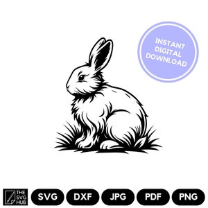 Puede incluir: Ilustración en blanco y negro de un conejo sentado en la hierba. El conejo está mirando hacia la izquierda y tiene una cola esponjosa. La imagen está en un estilo simple y minimalista.
