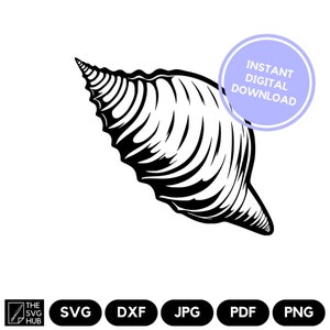 May include: Black and white illustration of a seashell. The seashell is detailed with ridges and curves. The image is suitable for crafting projects, scrapbooking, and digital design.