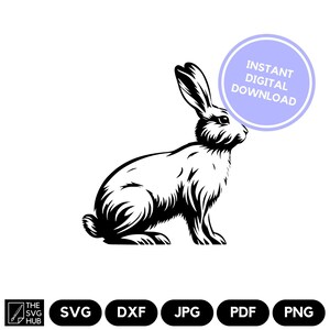 Puede incluir: Ilustración en blanco y negro de un conejo sentado sobre un fondo blanco. El conejo está mirando hacia la derecha y tiene orejas largas. La imagen está etiquetada como "Descarga digital instantánea".