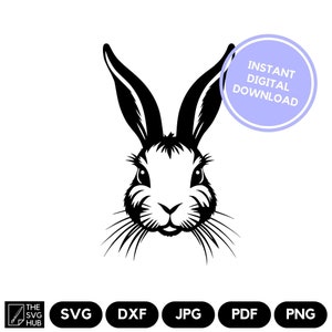 Puede incluir: Silueta en blanco y negro de la cabeza de un conejo con orejas largas y bigotes. El conejo está mirando directamente al espectador. La imagen es una descarga digital.