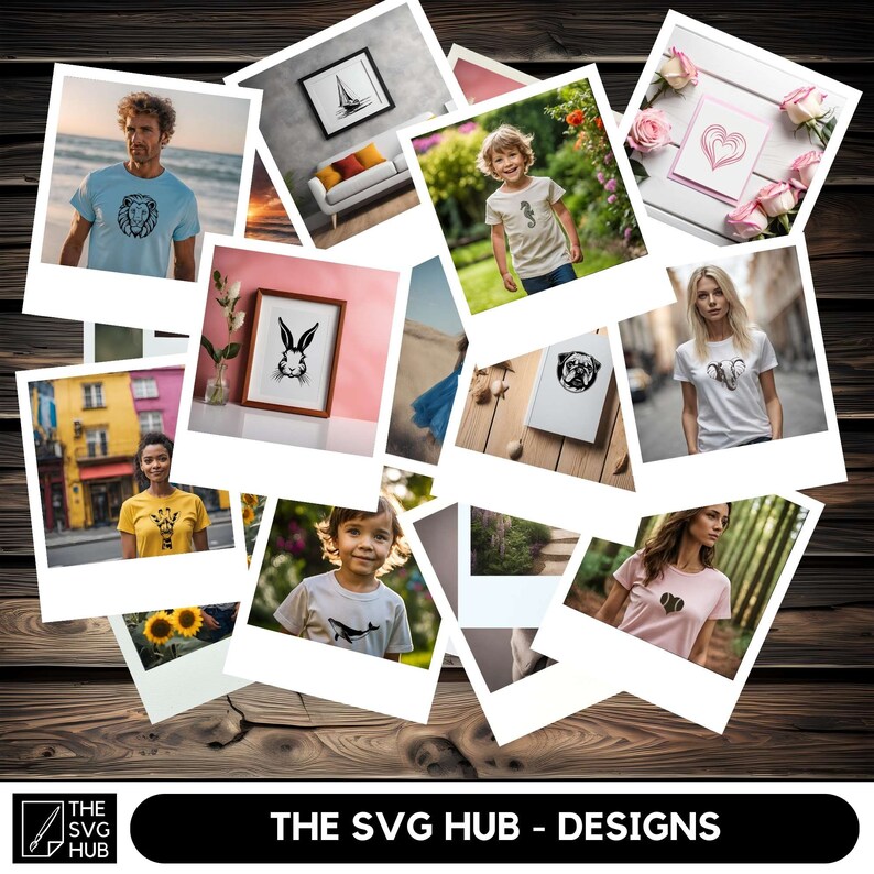 May include: A collection of instant photo prints featuring various designs, including a lion, a seahorse, a bunny, a pug, a heart, and a giraffe. The prints are arranged in a collage on a wooden background. The text "THE SVG HUB - DESIGNS" is at the bottom of the image.