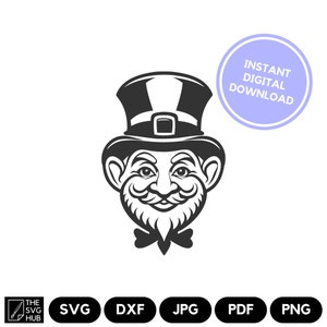Può includere: Illustrazione in bianco e nero di un viso di folletto con un cappello. Il folletto sorride e ha la barba. L'immagine è disponibile per il download digitale istantaneo nei formati SVG, DXF, JPG, PDF e PNG.