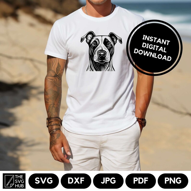 May include: A black and white illustration of a dog's head on a white t-shirt. The t-shirt is being worn by a person standing on a beach. The text "INSTANT DIGITAL DOWNLOAD" is in a circle on the right side of the image.