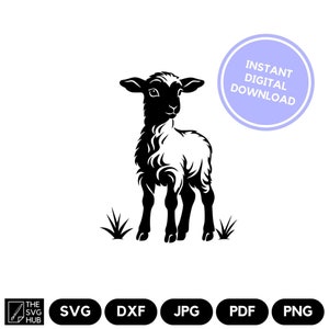 May include: Black and white silhouette of a lamb standing in a field of grass. The lamb is facing the right side of the image. The image is a digital download.
