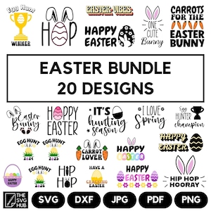 Puede incluir: Un paquete de descarga digital de 20 diseños con temática de Pascua. Los diseños presentan varias frases e imágenes relacionadas con la Pascua, incluidos conejos, huevos, zanahorias y las palabras "Feliz Pascua".